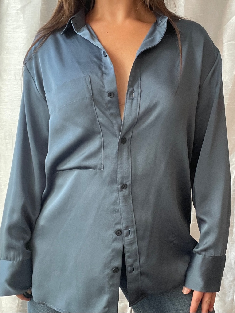 Abercrombie Button Down Shirt Women Small Blue Satin Oversized Office Siren Work